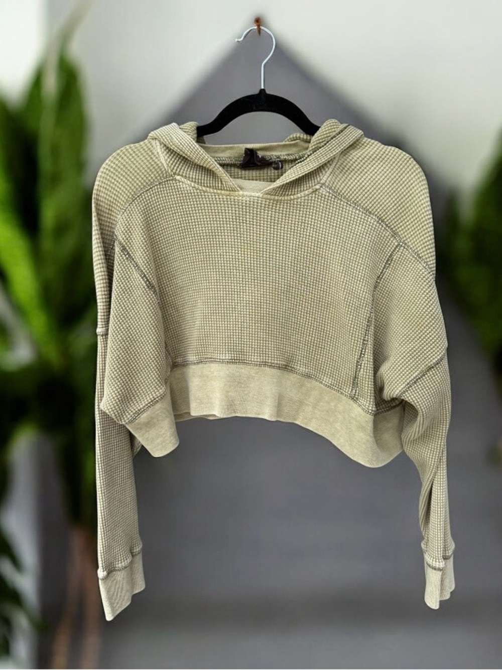 Urban Outfitters Out From Under Green Cropped Waffle Knit Thermal Hoodie Medium